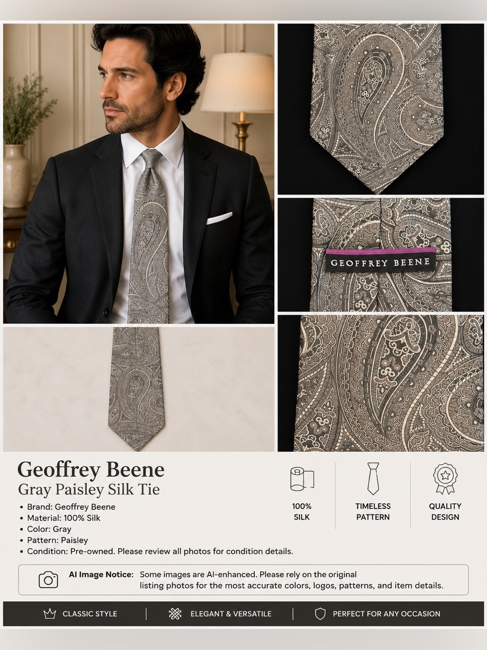 Geoffrey Beene Gray Paisley Silk Tie